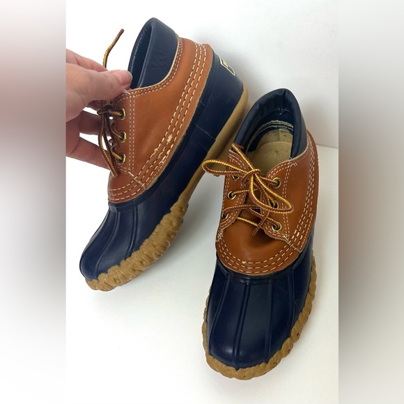 Vintage LL BEAN Bean Boots Gumshoes Duck Navy Blue Tan Leather Rubber Waterproof - Picture 3 of 16